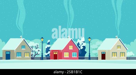 Winter street in suburban town. Vector illustration of houses, empty road, trees covered with snow, night sky with clouds and snowfall. Flat vector il Stock Vector