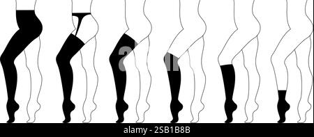 Set of various women stockings. Different types of women's socks, tights and stockings. Outline vector illustration Stock Vector
