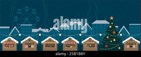 Winter night city panorama. Christmas market and Fun fair, New Year decorations. Snowy street horizontal banner with colorful european houses. Europe Stock Vector
