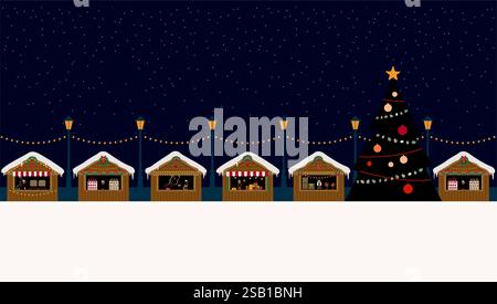 Christmas market at night. Kiosks of gifts, food and hot drinks. Banner or poster design with copy space. Flat vector illustration Stock Vector