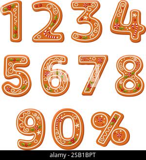 Gingerbread cookie numbers set. Christmas Decorated Sweet biscuit numeral. Flat vector cartoon style isolated on white background. Stock Vector