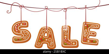 Christmas sale Banner with gingerbread shaped letters. Xmas campaign header template with festive elements. Promotion poster or web banner. Isolated F Stock Vector