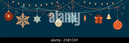 Christmas banner, greeting card, poster, holiday cover, header. Modern Xmas design with festive decorations and garlands over dark blue background Stock Vector