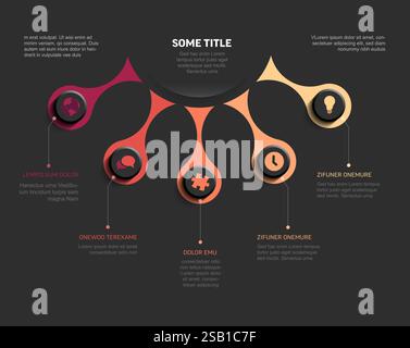 Red orange and yellow infographic features five branches with icons and informational text. Each branch is uniquely colored, highlighting different co Stock Vector