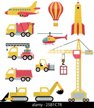 Big set of various vehicles. Special machines for construction work. Tower Crane, excavators, tractors, bulldozers, trucks. Aerial transportation plan Stock Vector