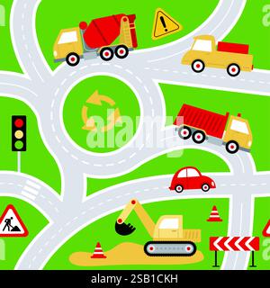 seamless pattern with various cars, traffic lights and road signs on green background. Illustration of highway in a cute children's style for Wallpape Stock Vector