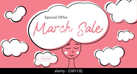 Creative illustration of a special March sale with clouds and a soft pastel pink theme, showcasing an eye-catching design perfect for promotional cont Stock Vector