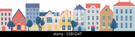 Cute vintage houses, city buildings. Cozy town panorama with home exteriors. Old town street in little european village. Isolated illustration Stock Vector