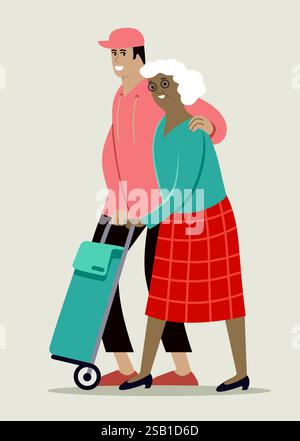 Young man social worker helps senior woman with grocery shopping. Flat style vector illustration Stock Vector