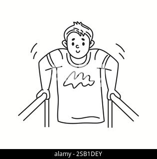 Strong young man exercises on parallel bars in gym linear icon. Guy improves physical endurance doodle character doodle thin line illustration Stock Vector