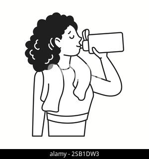 Woman drinks water from bottle after training linear icon. Lady athlete maintains hydration balance doodle character doodle thin line illustration Stock Vector