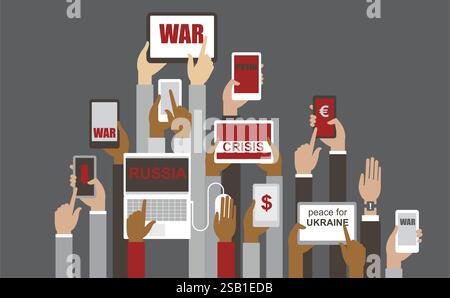 Press and mass media coverage of the war in Ukraine. Human hands holding various smart devices with war headers on their screens. flat vector illustra Stock Vector