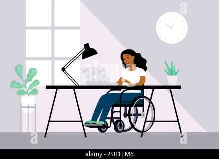 Young woman with disabilities sitting in wheelchair using laptop computer at home. Flat vector illustration Stock Vector