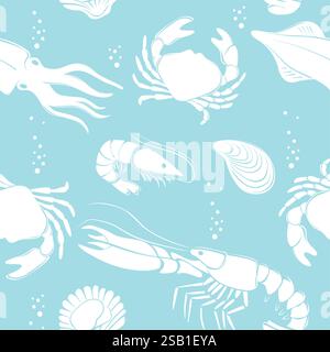 Seafood seamless pattern outline sketch drawing. Prawns crab lobster shellfish shrimps Stock Vector