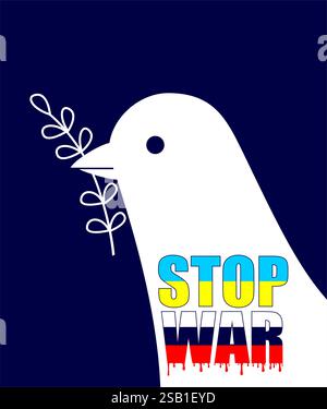 Dove with olive leaf. No war sign. Support Ukraine symbol. Simple silhouette drawing. Vector illustration. Stock Vector