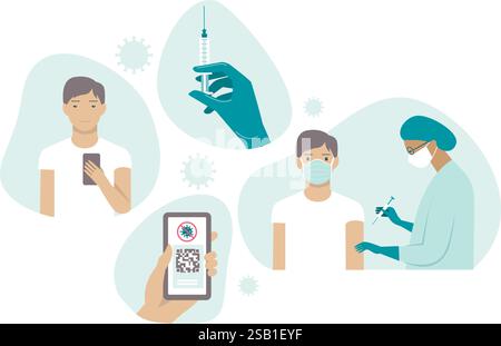 Flat vector set for vaccination against covid-19. Immunity passport. Safe travel due coronavirus outbreak. Valid digital  certificate with qr code. Yo Stock Vector