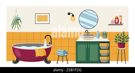 Cartoon bathroom interior with mirror, bathtub filling with water, sink, houseplants, towels and hygiene items on shelves, home interior design in tre Stock Vector