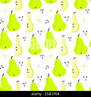 Doodle style seamless pattern with green fresh pears full and halved. Stock Vector