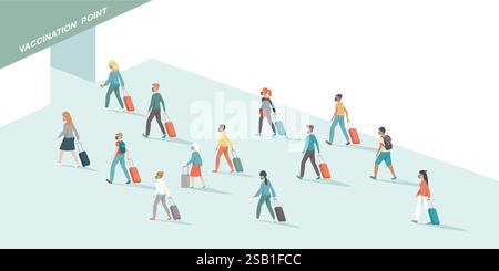 Travelers with luggage queued up for vaccination at Coronavirus vaccine center. Covid-19 treatment point. Immunization area. People ready to get an im Stock Vector