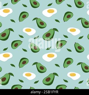 Colorful seamless pattern with fried poached egg, and avocado. Vector backdrop with food. Decorative wallpaper, good for printing. Flat vector seamles Stock Vector