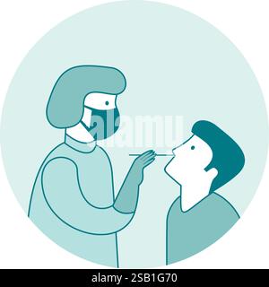 Coronavirus COVID-19 diagnostics. Doctor wearing full antiviral protective gear making nasal swab test for patient. COVID-19 testing site icon. Flat v Stock Vector