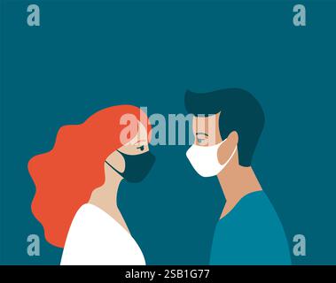 people in protective medical face masks. Man and woman wearing protection from viruses during covid-19 pandemic. Urban air pollution, smog, vapor, pol Stock Vector