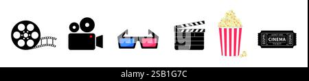 Cinema icon set. Movie sign collection. Set of cinema, movie, video icons, collection film, tv. Popcorn box package Big movie reel. Open clapper board. Stock Vector