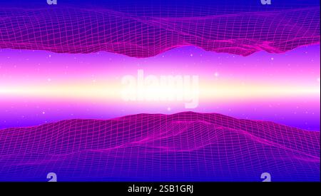 Retro low poly grid landscape with polygonal mountain, palm trees silhouettes and sun, vector illustration. 80s style synthwave landscape with neon Stock Vector