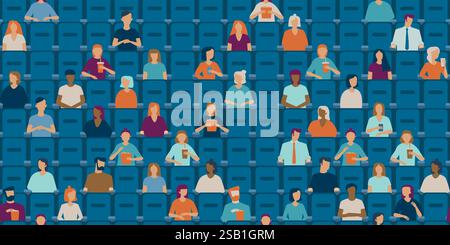 People are watching movie in a half empty cinema hall. Social distancing concept in public places after covid-19 coronavirus pandemic. Flat vector pat Stock Vector