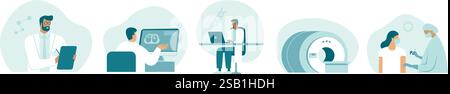 Coronavirus COVID-19 illustration set.  Vaccine discovery. Medical research team. Damaged lungs on screen Computer tomography. Flat vector Stock Vector