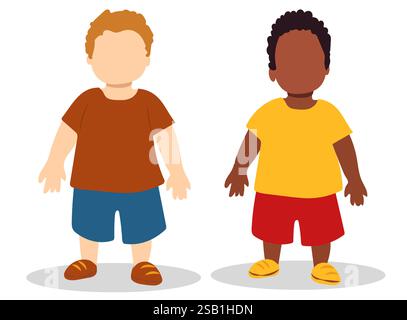 Illustration of two children standing side by side in casual clothing with different hairstyles in a playful setting Stock Vector