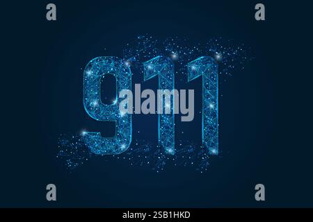 Abstract isolated blue image of The symbolic number 911 nine hundred eleven . Polygonal low poly wireframe illustration looks like stars in the black Stock Vector