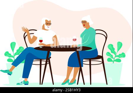 Senior couple spending time on the cafe summer terrace talking and drinking wine. Flat vector characters. Stock Vector