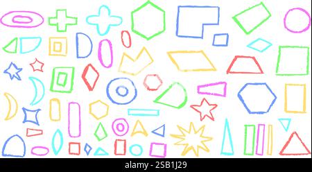 Set of basic geometric shapes. Circle, square, rectangle, triangle and other polygons drawn with charcoal. Collection of outlines geometric symbols Stock Vector