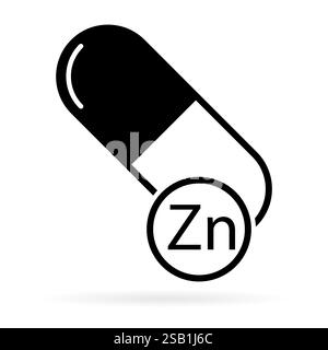 Mineral Zn icon shadow, healthy medicine pill supplement symbol, complex vitamin vector illustration . Stock Vector