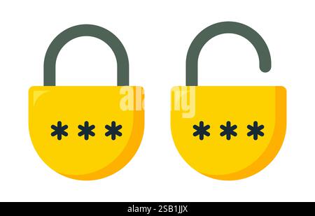 Lock and unlock icon. vector illustration. lock unlock set in yellow color. open and close lock. Stock Vector