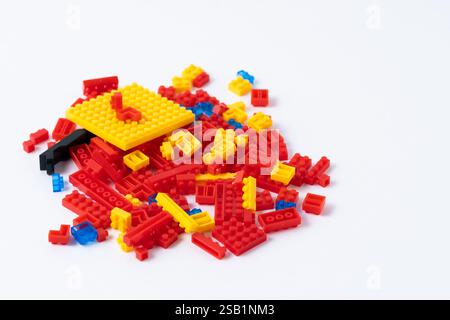Children construction kit. Plastic building blocks isolated on white background. Colorful building blocks Stock Photo