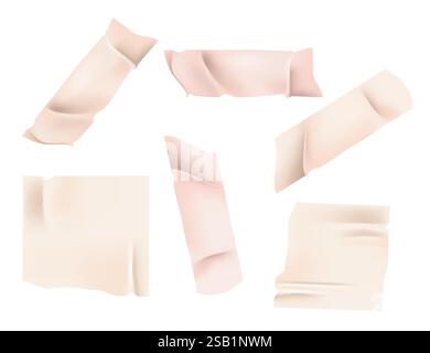 Vector set of 3D realistic beige adhesive tape. Torn pieces of masking tape isolated on transparent background. Vector illustration. Stock Vector