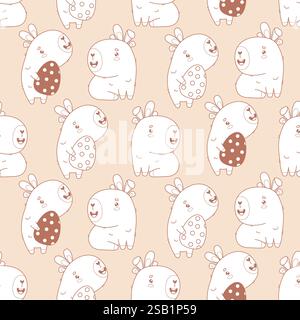Easter Seamless pattern. Holiday Capybaras with Bunny Ears and paschal Eggs on light brown background. Outline Cute cartoon animal backdrop. Line draw Stock Vector