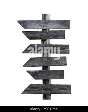 Old weathered wood blank directional sign post isolated cutout on white Stock Photo