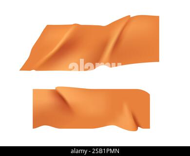 Vector set of 3D realistic orange adhesive tape. Torn pieces of masking tape isolated on transparent background. Vector illustration. Stock Vector