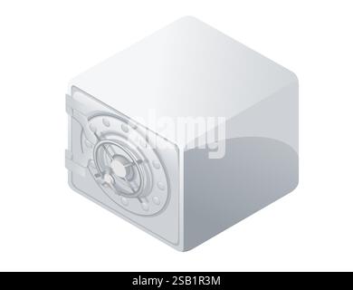 Isometric compact security safe with a round mechanical lock. Light gray metal exterior. Angled view showcasing the three-dimensional shape. Vector il Stock Vector
