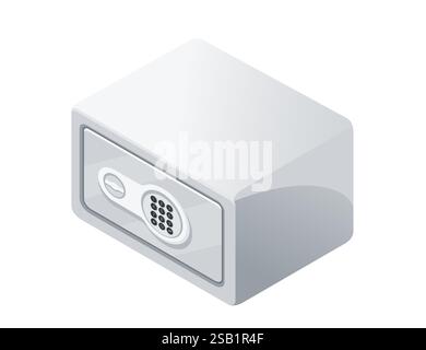 Isometric, white safety box with a numeric keypad lock. Rectangular shape with a metallic surface. Modern lockbox. Clean and simple design. Vector ill Stock Vector
