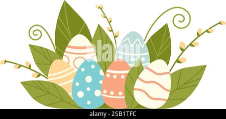 Colorful easter eggs. Happy Easter greeting composition. isolated Flat vector illustration Stock Vector