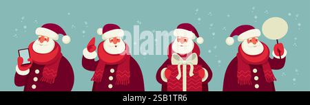 Set of cartoon Santa Claus characters with smartphone, holding Christmas present, Label, pointing and gesturing. Flat vector bundle Stock Vector