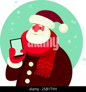 Funny Santa Claus character holding mobile smartphone Flat vector illustration Stock Vector