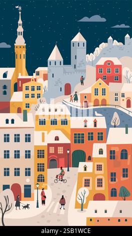 Christmas city with happy people walking on the street on winter holidays. European Old town at Xmas eve with cozy buildings. Flat vector illustration Stock Vector