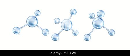 Rotating blue collagen molecules from spheres realistic color icons set. Spheres create connection 3d objects bundle on white background Stock Vector