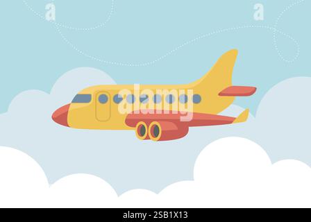 Flying airplane, jet aircraft, airliner. Side view of  passenger air plane flying in the sky. Simple flat Vector illustration Stock Vector