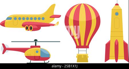 Different modes of air transportation. Airplane, hot air balloon, Spaceship, helicopter. Flat vector set Stock Vector